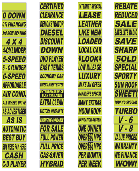 Car Dealer Windshield Stickers Numbers & Slogans Factory 13 DZ Chartreuse 