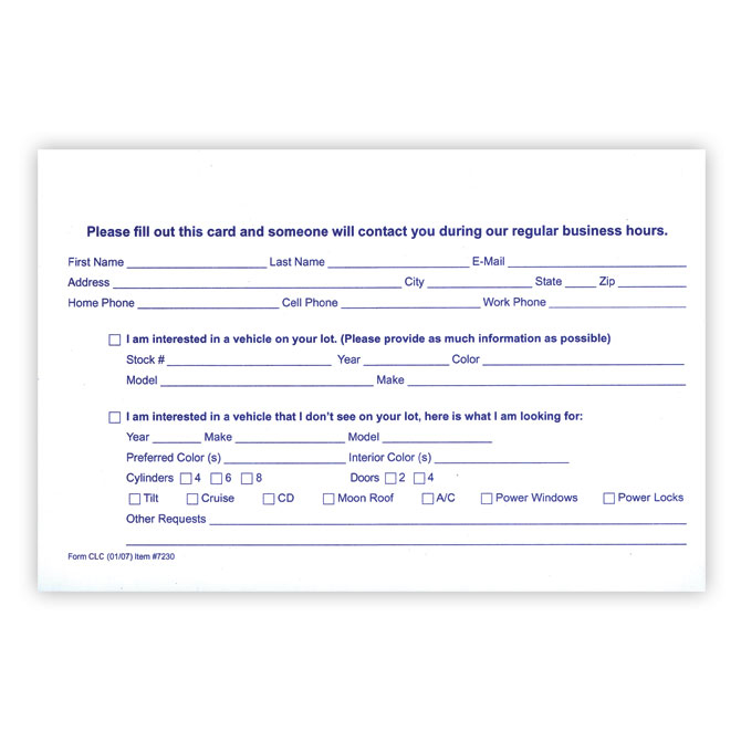 Customer Lead Cards For Car Sales