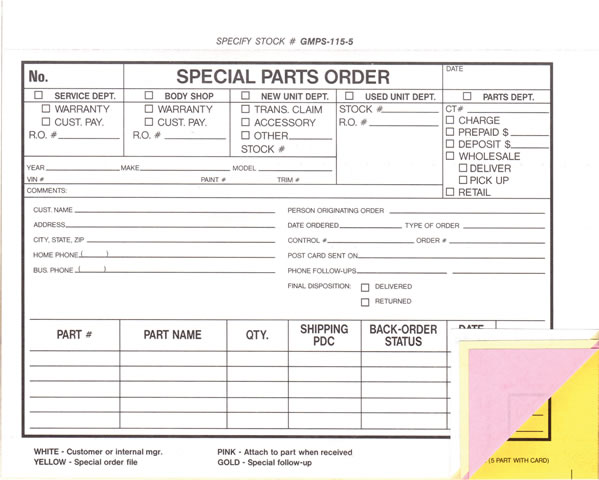 Special Order Parts Forms