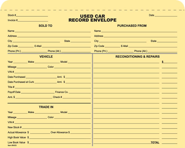 Used Car Vehicle Record Envelopes